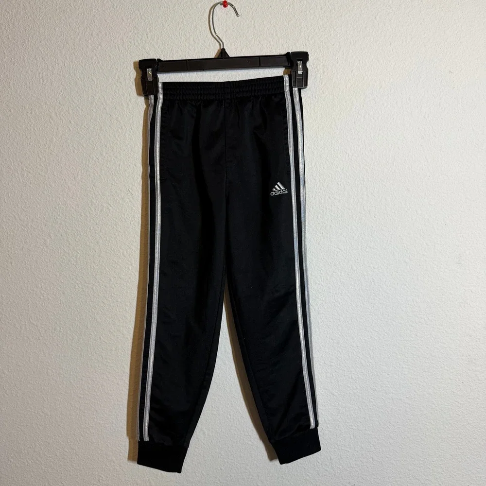 Adidas Girls Black Silver Iridescent Stripe Track‎ Pants Joggers Size 6X